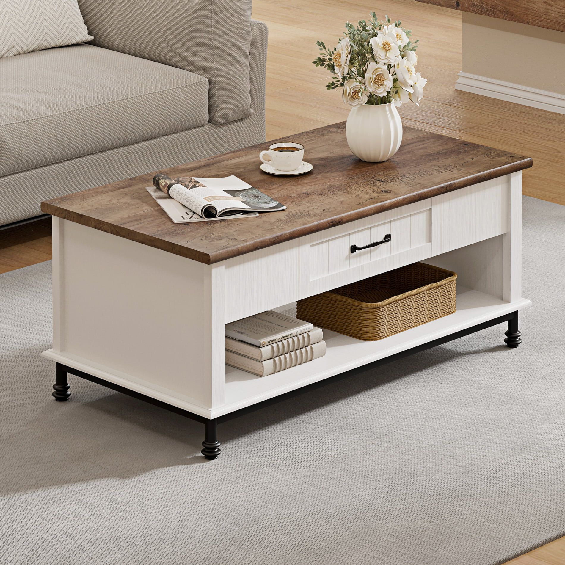 Wampat Farmhouse Wood Coffee Table With Storage, White/oak – Walmart With Regard To Off White Wood Coffee Tables (View 6 of 15)