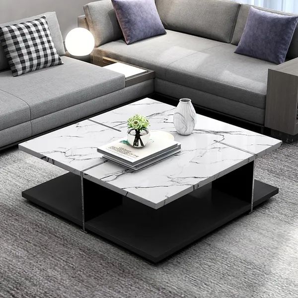 White Square Coffee Table Faux Marble Accent Table With Storage Stainless  Steel For White Faux Marble Coffee Tables (View 3 of 15)