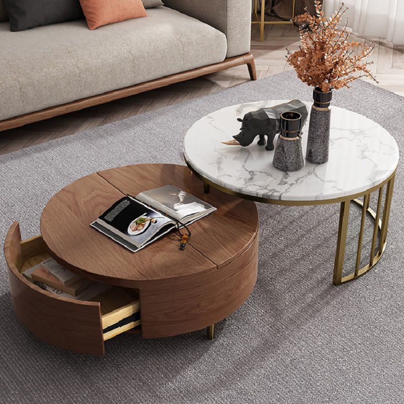 White&walnut Round Nesting Coffee Table With Storage Rotating Top In Rose  Gold Set Of 2 Homary For Rose Gold Coffee Tables (View 5 of 15)