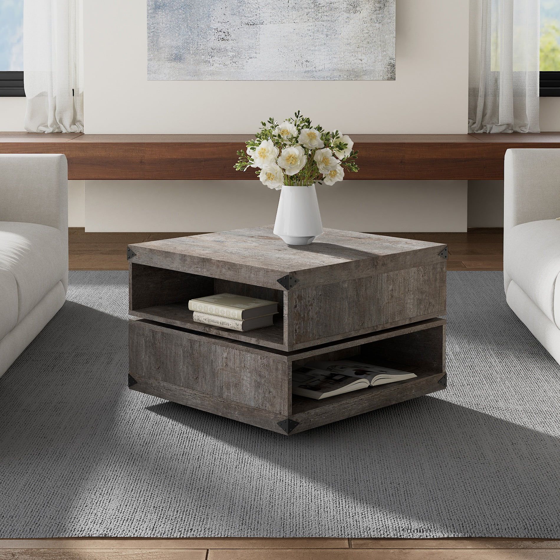 Wood Rotating Coffee Table For Living Room,rustic Gray – Walmart In Wood Rotating Tray Coffee Tables (View 13 of 15)