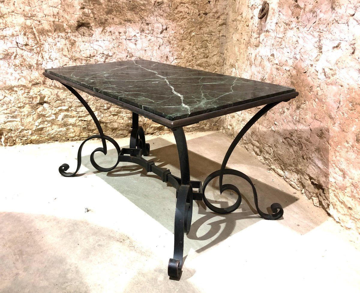Wrought Iron Coffee Table, 1940s Sea Green Marble Top – Low Table For Iron Coffee Tables (View 8 of 15)
