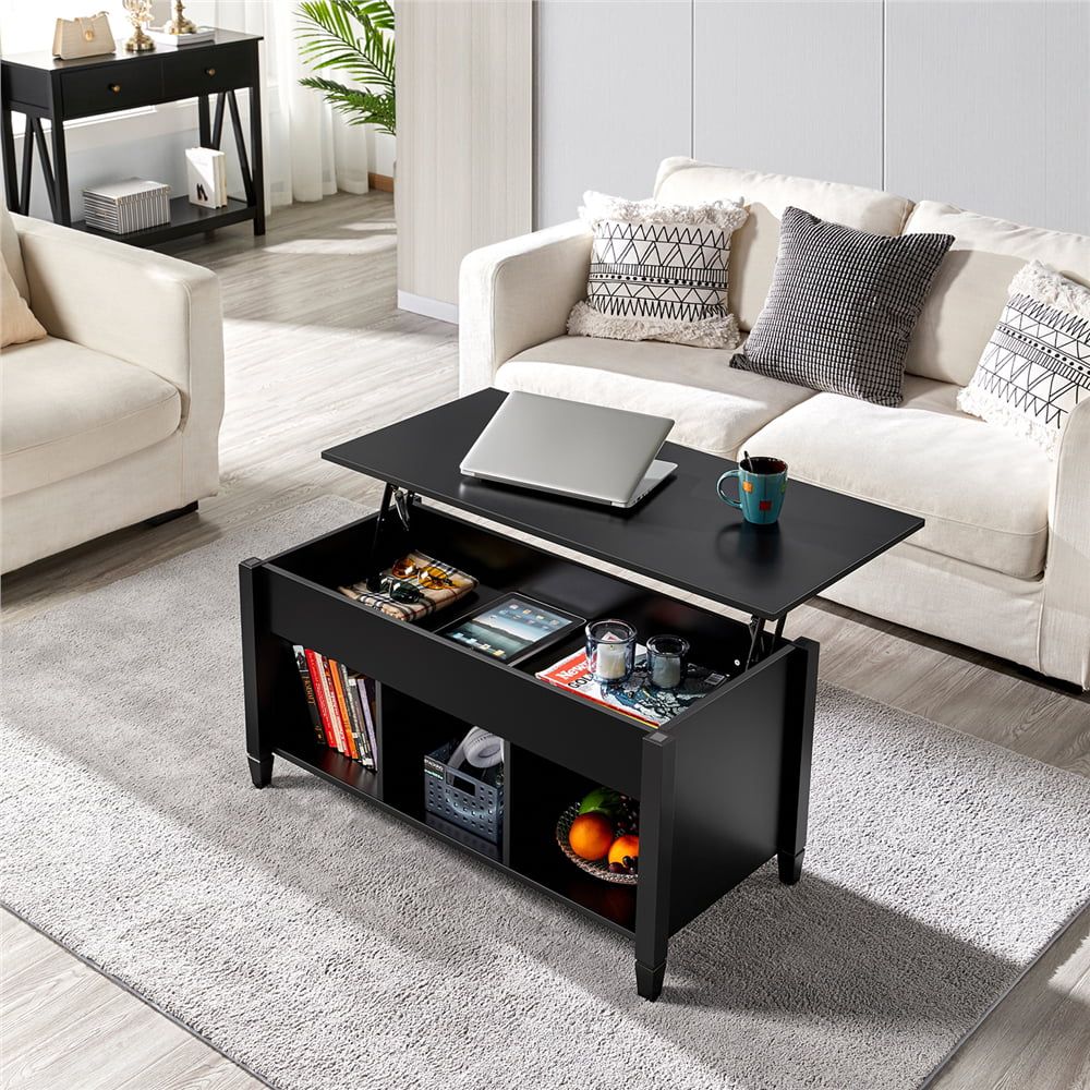 Yaheetech Minimalist Lift Top Coffee Table W/hidden Compartment & 3 Cube  Open Shelves For Living Room Office Black – Walmart Throughout Coffee Tables With Compartment (View 13 of 15)