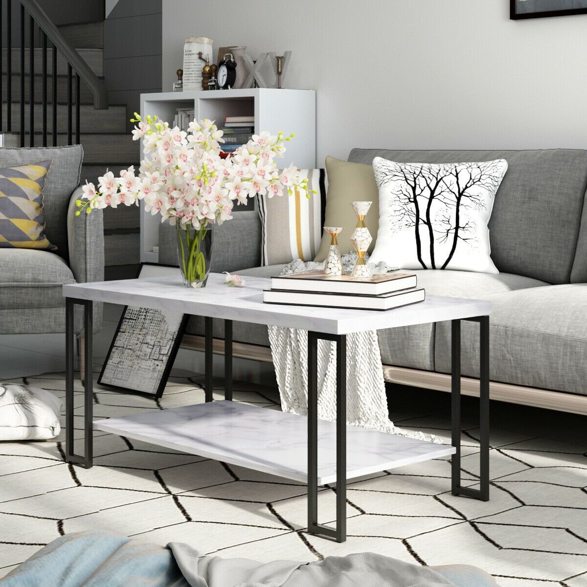Zimtown 2 Tier Rectangular Coffee Table With Black Metal Frame And Hollow  Metal Legs For Living Room Accent Furniture Beside Sofa Cocktail Table –  Walmart Intended For Black Accent Coffee Tables (View 9 of 15)
