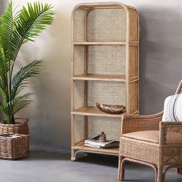 1500mm Natural Rattan Woven Bookcase 4 Tier Open Storage Display Shelving   Homary Regarding Rattan Bookcases (View 3 of 15)