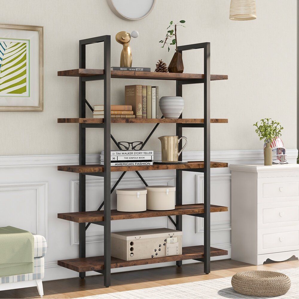 17 Stories Trexm 5 Tier Industrial Bookcase With Rustic Wood And Metal  Frame, Large Open Bookshelf For Living Room(distressed Brown) & Reviews |  Wayfair Throughout Industrial Bookcases (View 8 of 15)