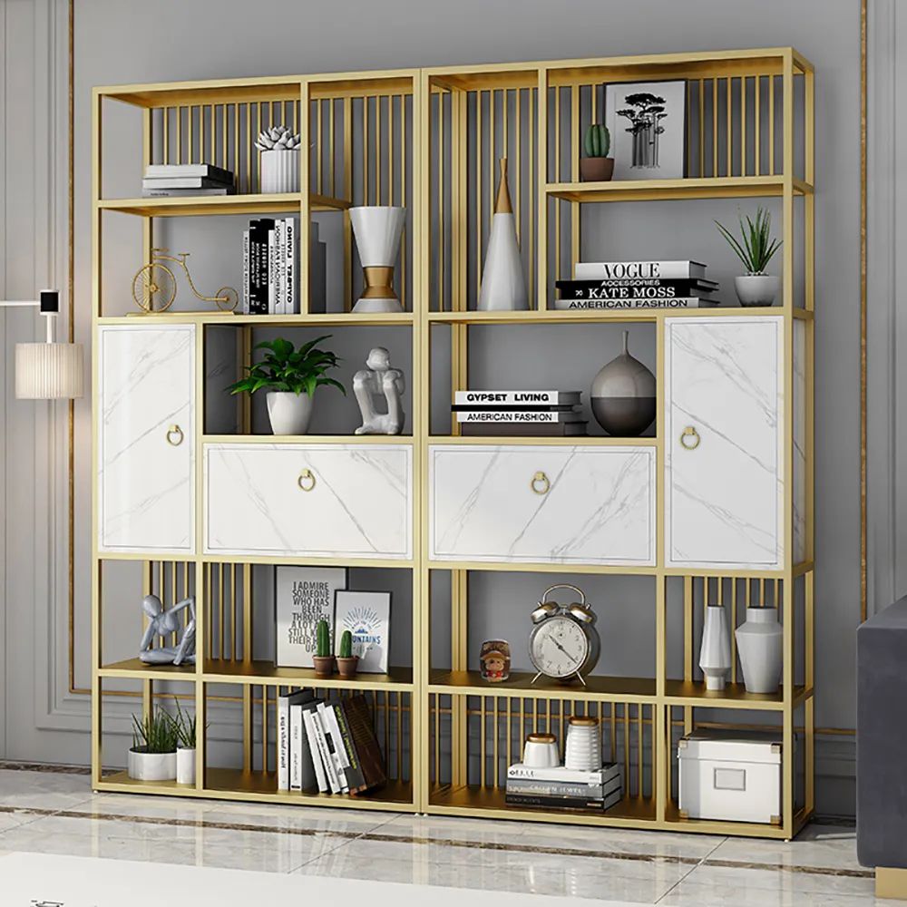 1800mm Modern 5 Tier Geometric Bookshelf With 1 Drawer And 1 Door In White  & Gold Homary Pertaining To 5 Tier Bookcases With Drawer (View 2 of 15)