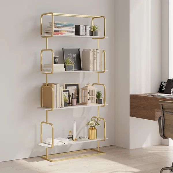 1800mm Modern White Tall Freestanding Wooden Office 4 Shelves Etagere  Bookcase In Gold  Homary In Gold Bookcases (View 8 of 15)