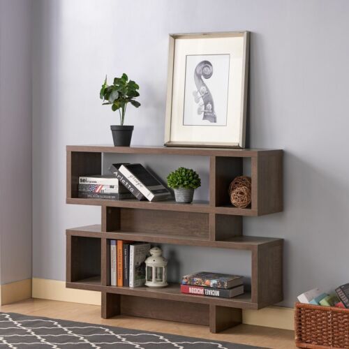 2 Tier Geometric Open Back Bookcase Home Office Shelf Walnut Oak | Ebay Within Walnut 2 Tier Bookcases (View 6 of 15)