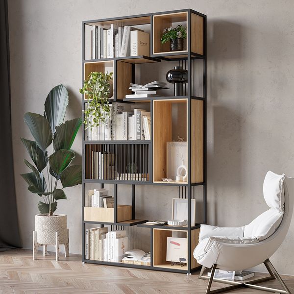 2000mm Modern Black Steel Geometric Bookcase 6 Tier Bookshelf Wooden Tall Book  Shelf Homary Intended For Geometric Bookcases (View 4 of 15)