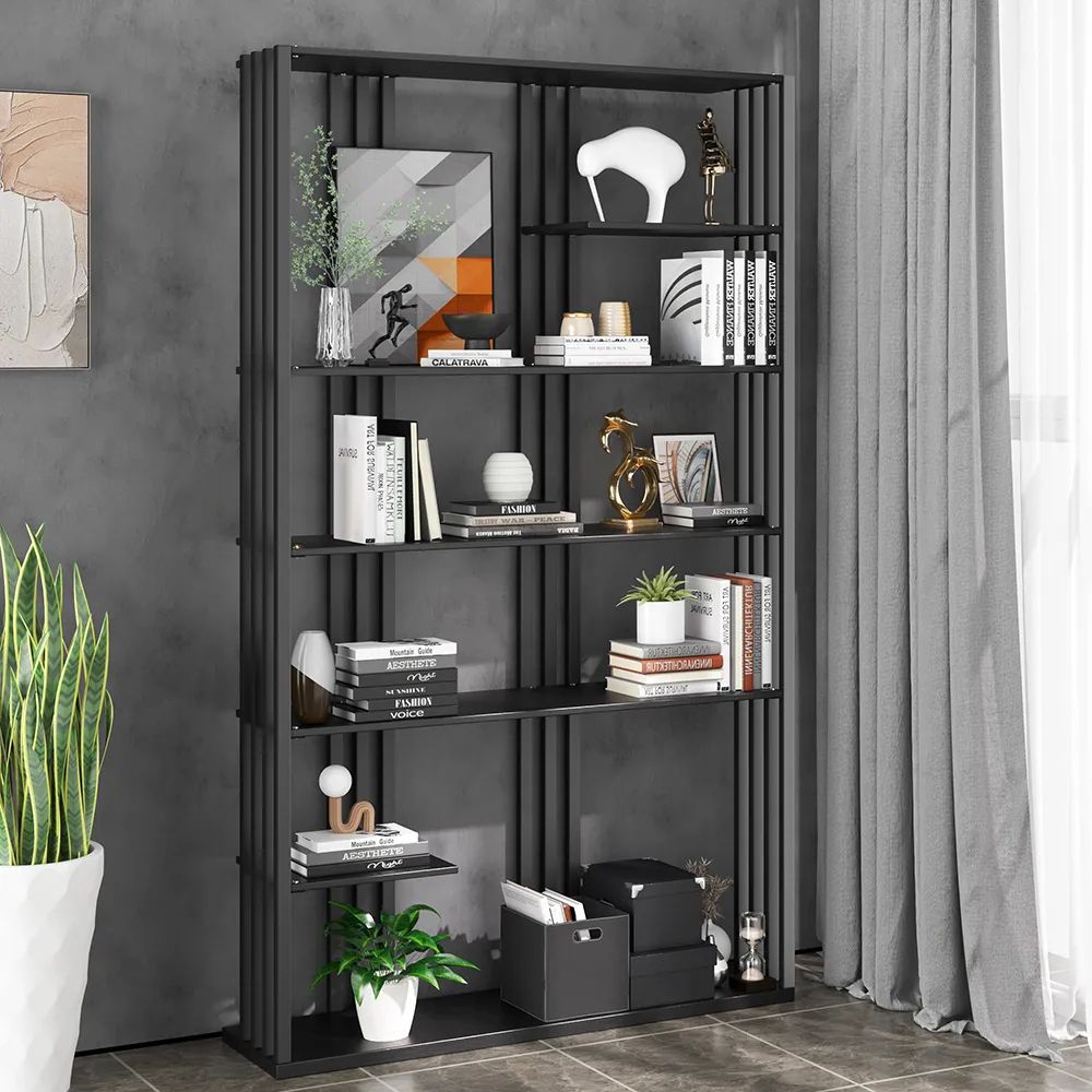 2000mm Modern Steel Etagere Bookshelf Display Shelving 6 Shelf In Black  Tall Book Shelf Homary In Natural Steel Bookcases (View 6 of 15)