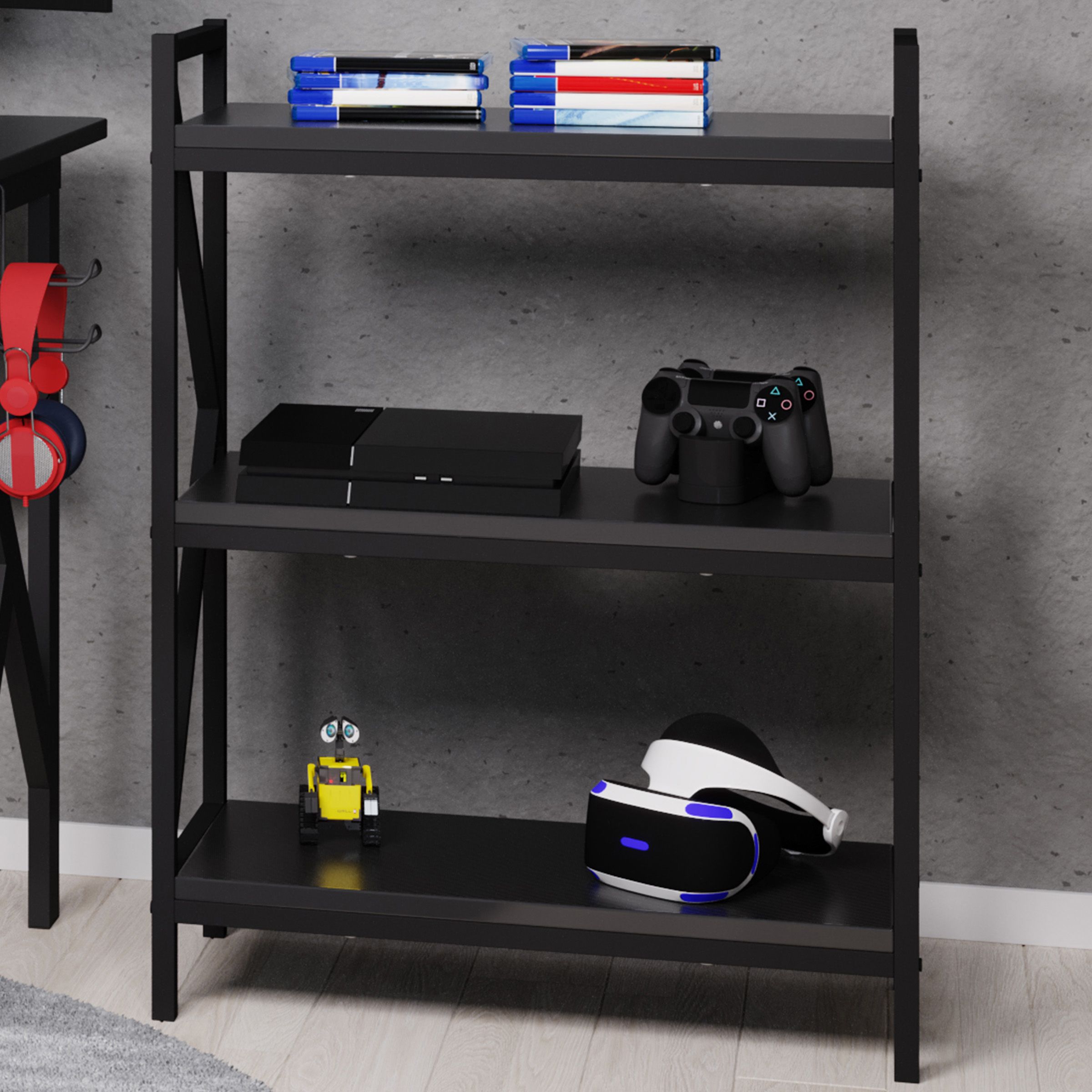 3 Shelf Bookcase – Console Table Or Storage Shelf With Carbon Fiber Texture  Finish And K Shaped Legslavish Home (black) – Walmart Pertaining To Textured Black Bookcases (View 7 of 15)