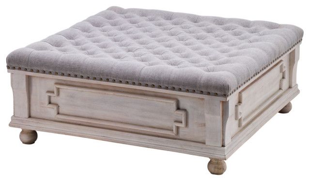 38" Square White Wash Carved Wood Hand Tufted Ottoman Coffee Table – French  Country – Coffee Tables  Sideboards And Things | Houzz With Regard To White Wash Ottomans (View 12 of 15)