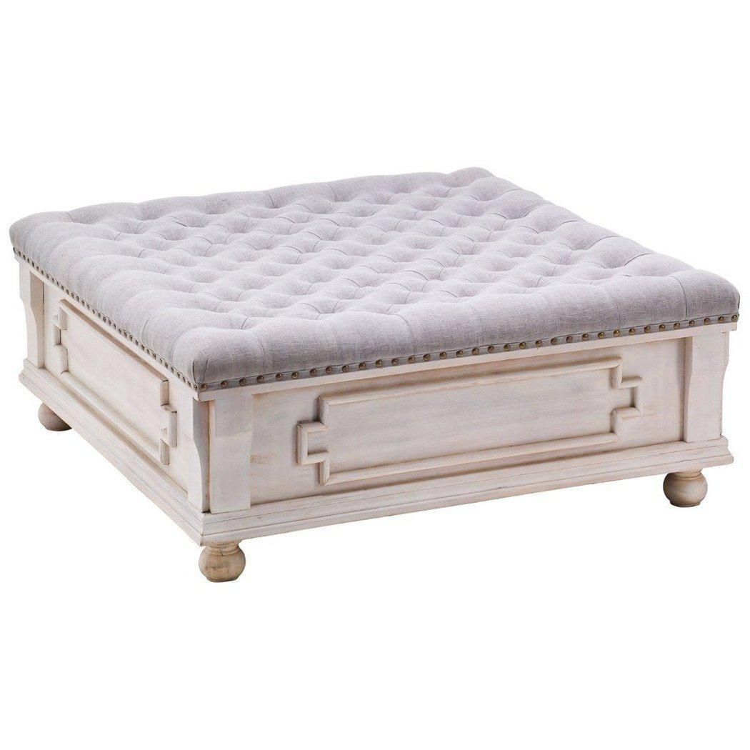 38" Square White Wash Carved Wood Hand Tufted Ottoman Coffee Table –  Walmart Within White Wash Ottomans (View 1 of 15)