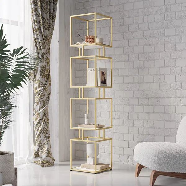 4 Tier Modern Simple Gold Cube Bookcase With Metal Tower Display Tall  Shelf Homary Intended For Four Tier Bookcases (View 9 of 15)
