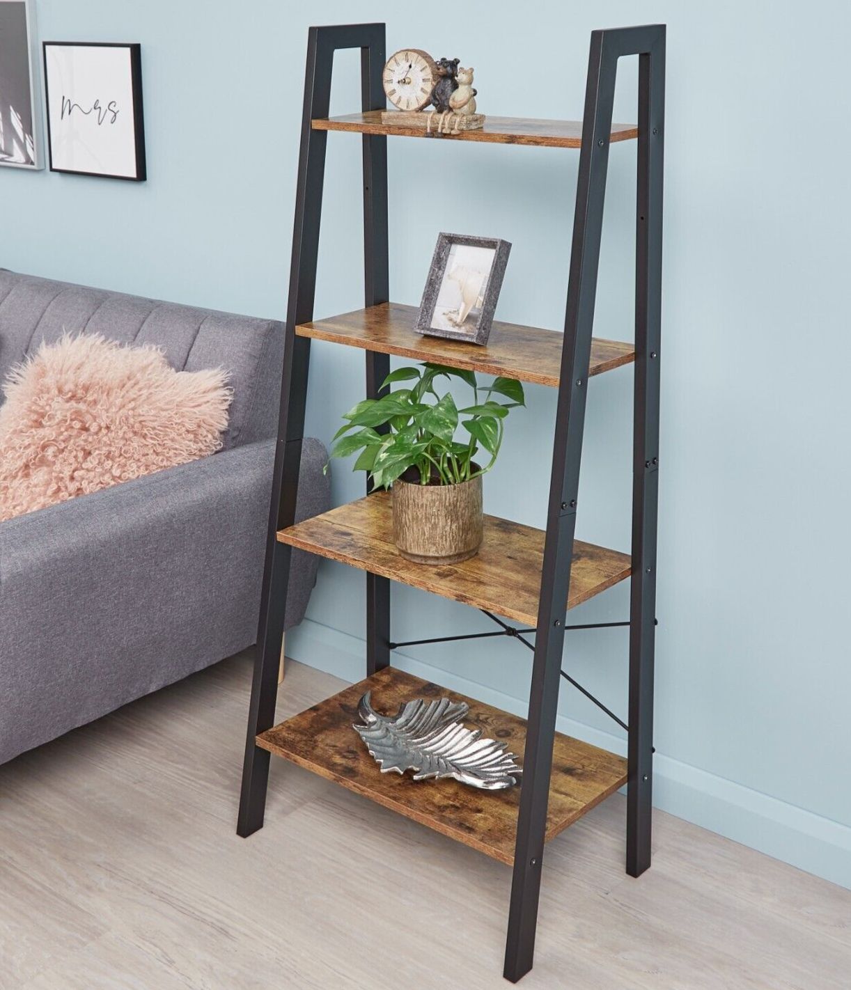 4 Tier Storage Shelves Ladder Bookshelf Industrial Bookcase Unit Living  Room | Ebay With Regard To Four Tier Bookcases (View 14 of 15)