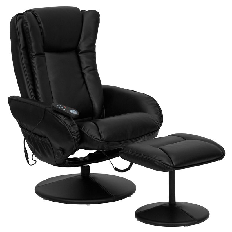42" Massaging Black Leather Recliner & Ottoman W/ Leather Wrapped Base &  Double Padded Cushioned Back And Seat (1 Set) | Miller Supply Inc Intended For Black Leather Wrapped Ottomans (View 4 of 15)