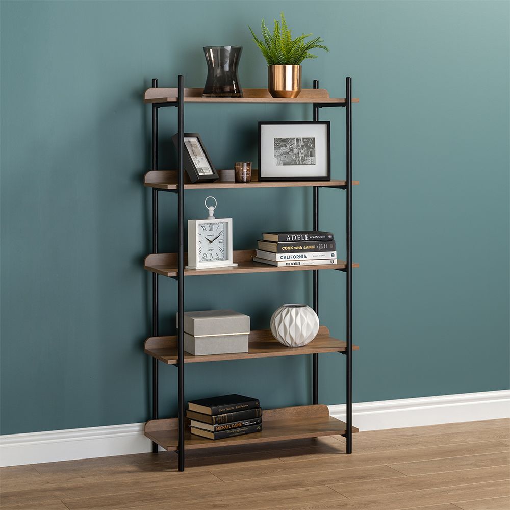 5 Tier Contemporary Industrial Bookcase Shelving Oak Style Finish & Matt  Black Metalwork – 1500mm H X 800mm W X 345mm D Racking Solutions Regarding Industrial Bookcases (View 5 of 15)