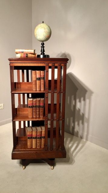 A 19th Century Three Tier English Mahogany Revolving Bookcase Having A  Cast Iron Base. Signed Maple & Co (View 5 of 15)