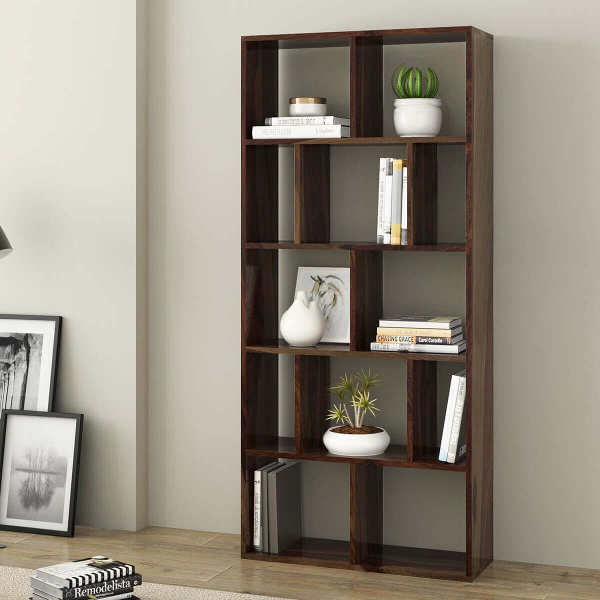 Acampo Rustic Solid Wood 12 Open Shelf Geometric Bookcase With Regard To Geometric Bookcases (View 11 of 15)