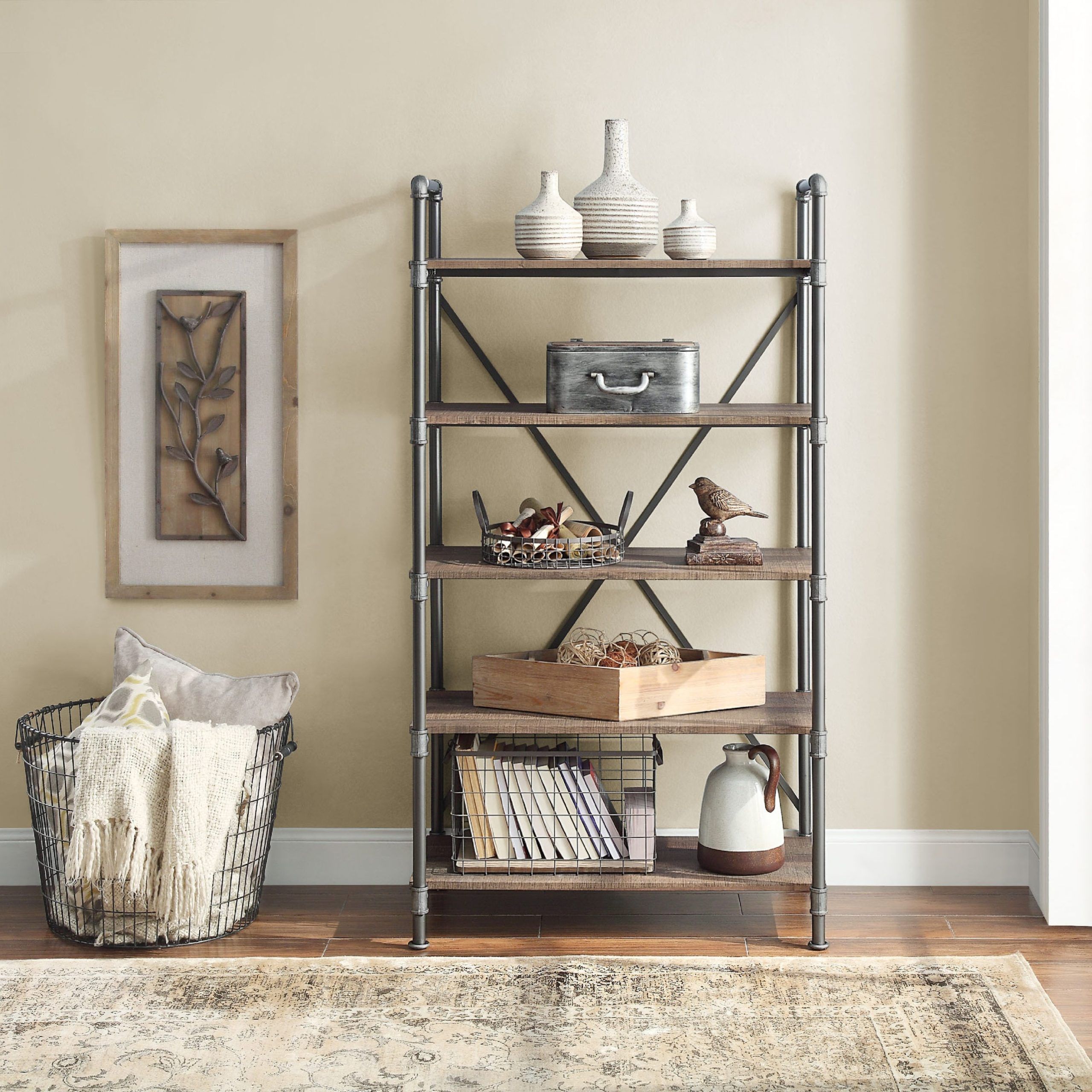 Allen + Roth Distressed Brown Metal 5 Shelf Bookcase (31.5 In W X 60 In H X   (View 9 of 15)