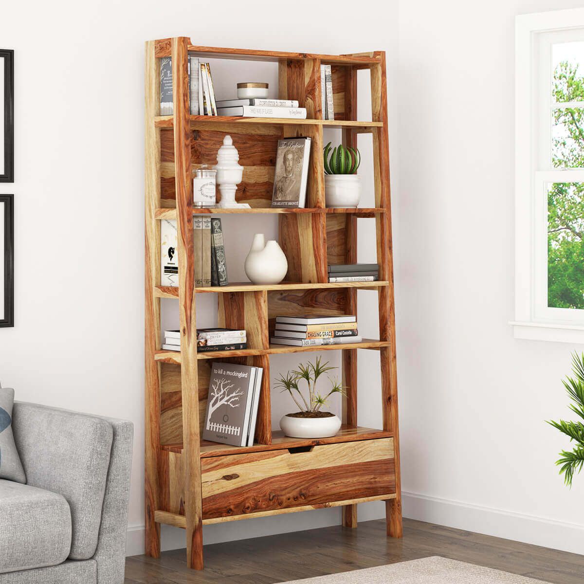 Alta Rustic Solid Wood 10 Open Shelf Leaning Ladder Bookcase W Drawer With Bookcases With Drawer (View 8 of 15)