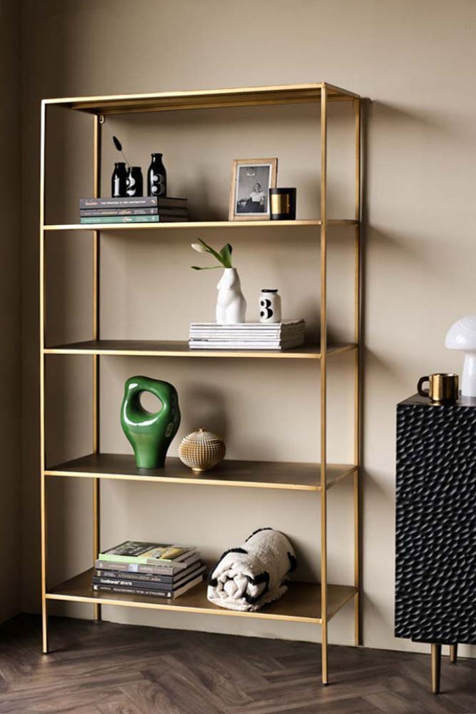Antique Brass 5 Tier Shelving Unit | Rockett St George With Regard To Brass Bookcases (View 9 of 15)