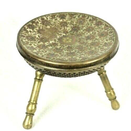 Antique Brass Tri Leg Stool Ottoman Brass Enameled Round Foot Turkish Boho  | Ebay Intended For Antique Brass Ottomans (View 8 of 15)