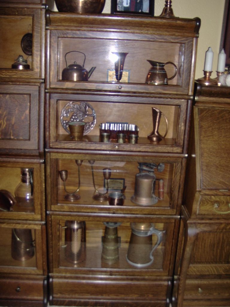Antique Globe Wernicke 3/4 Size Bookcase Displaying Copper Collectibles |  Raf For Antique Copper Bookcases (View 3 of 15)