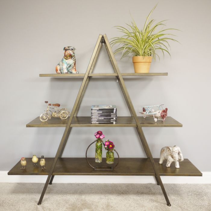 Antique Gold Finish Triangular Three Tier Shelf | Black Country Metalworks In Antique Gold Bookcases (View 15 of 15)