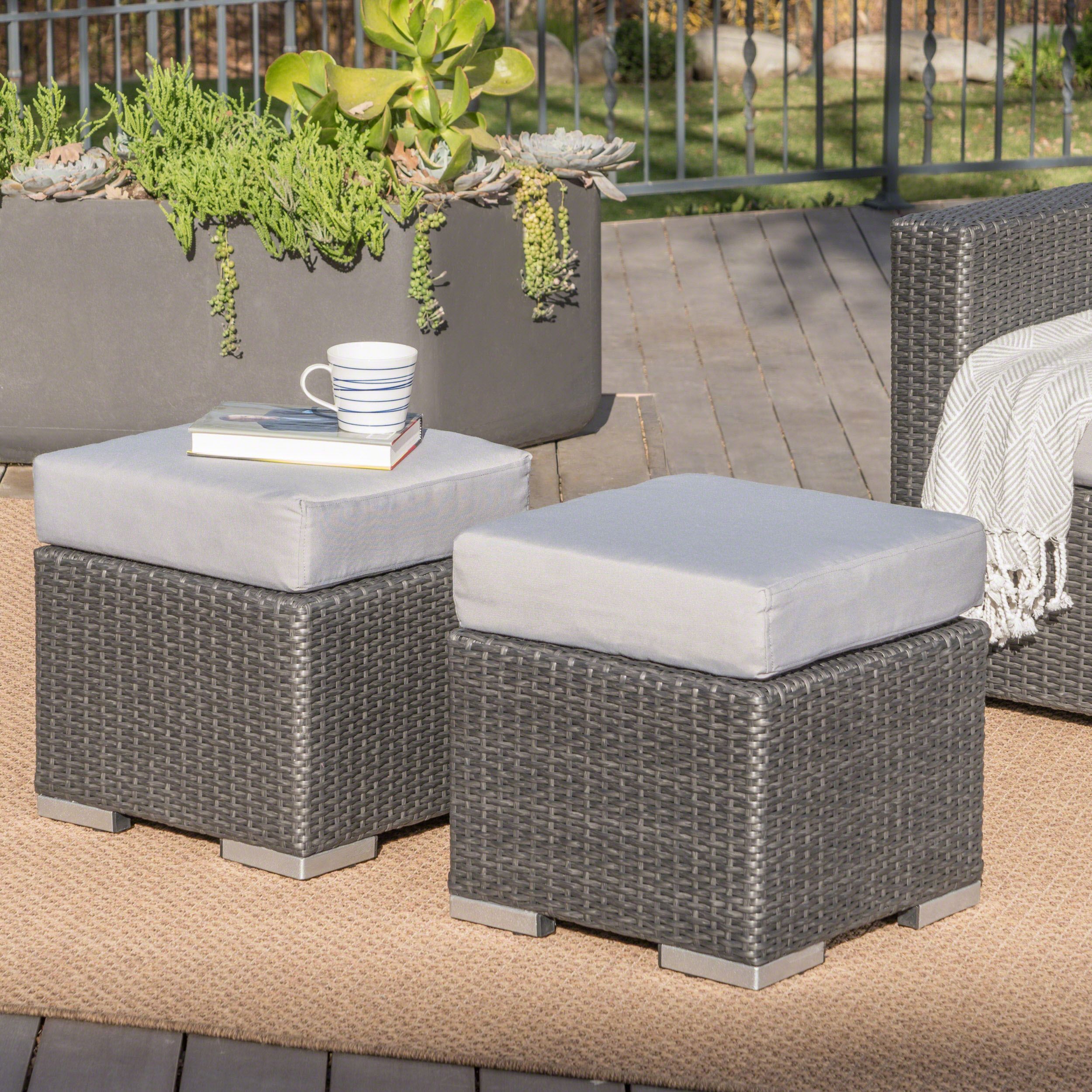 Avianna Outdoor 16 Inch Wicker Ottoman Seat With Cushion, Set Of 2, Grey,  Silver – Walmart With 16 Inch Ottomans (View 14 of 15)