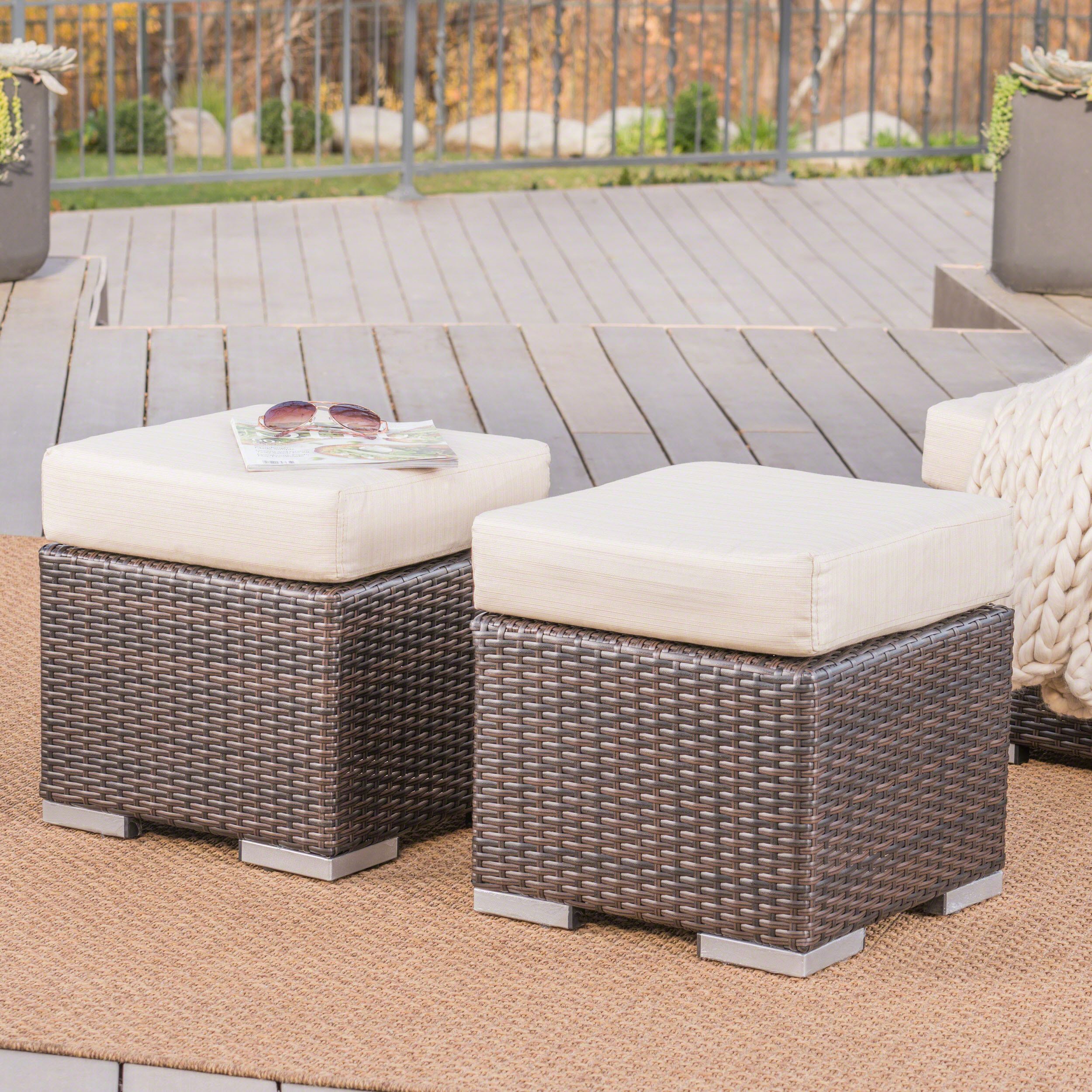 Avianna Outdoor 16 Inch Wicker Ottoman Seat With Cushion, Set Of 2,  Multibrown, Beige – Walmart Inside 16 Inch Ottomans (View 8 of 15)