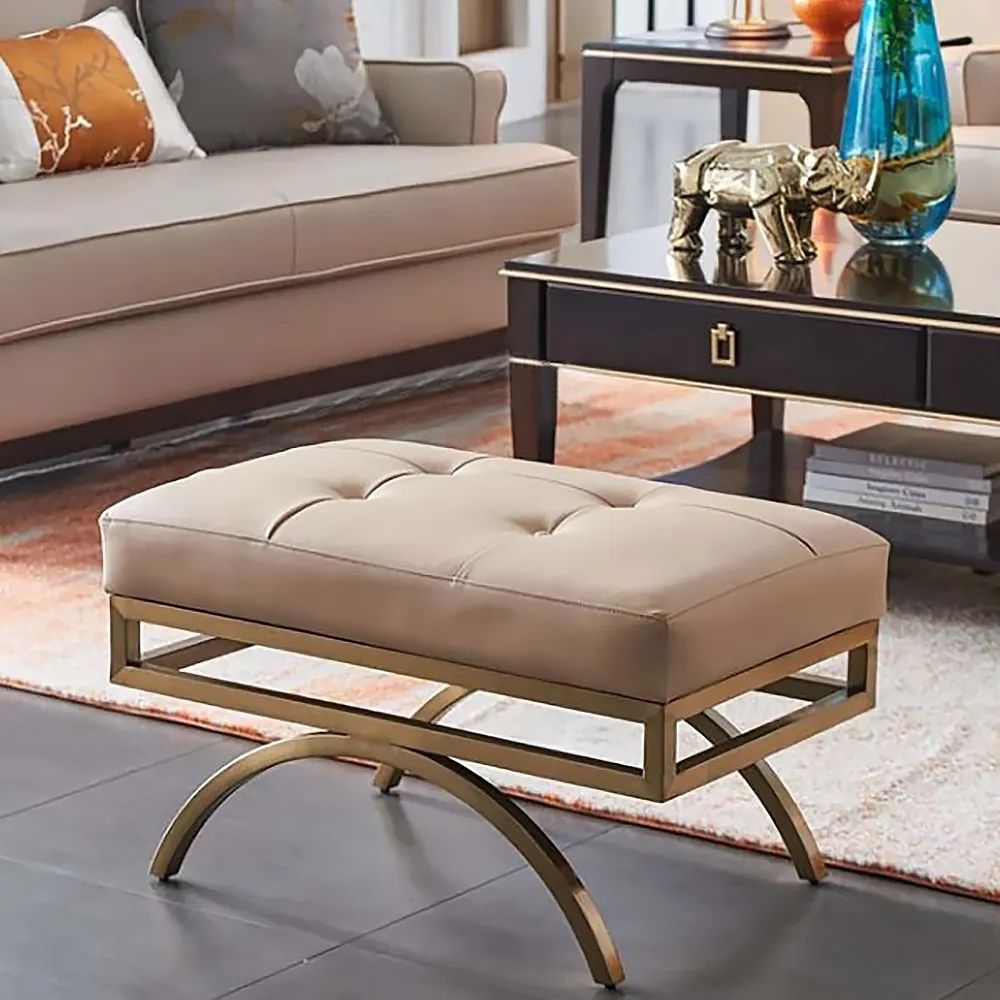 Beige Stool Leather Upholstered Ottoman Stool Gold Legs Homary For Ottomans With Stool (View 7 of 15)