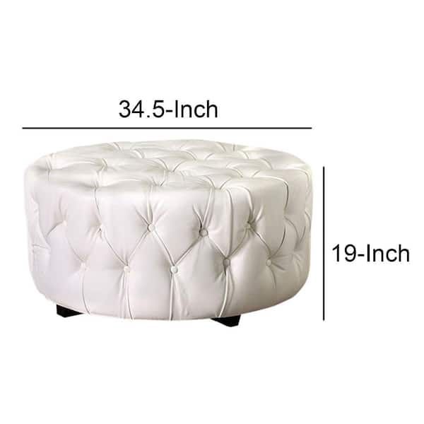 Benjara White Round Shape Bonded Leather Ottoman With Button Tufting 34.5  In. L X 14.5 In. W X 19 In (View 13 of 15)