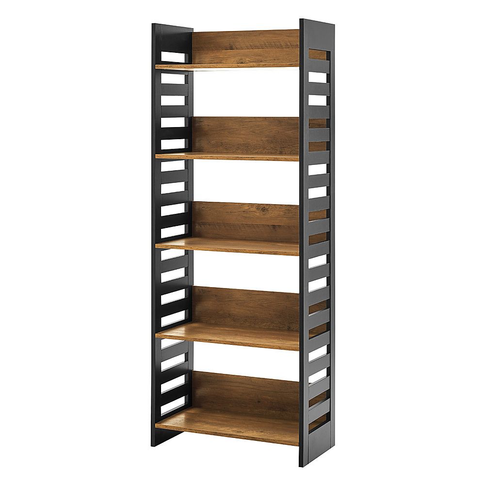 Best Buy: Walker Edison 64” Modern Slat Side 5 Shelf Bookcase Rustic  Oak/solid Black Bbs64hwslrosb For Bookcases With Slats (View 7 of 15)