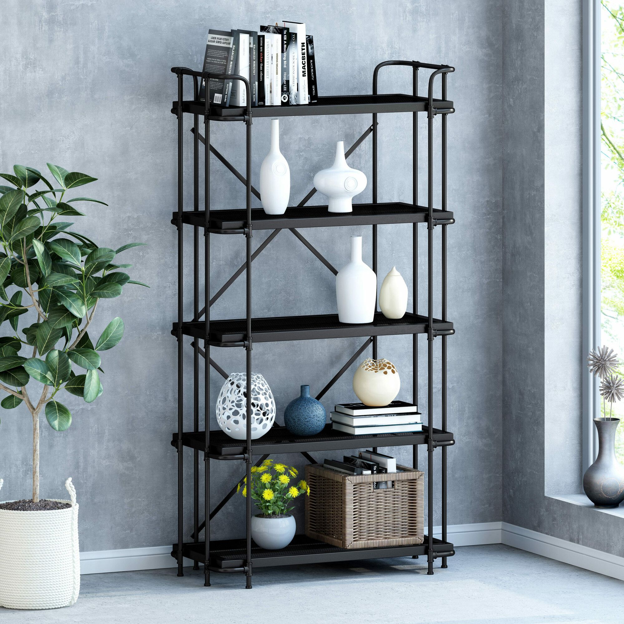 Blackfoot Industrial 5 Shelf Iron Mesh Bookcase, Matte Blacknoble House Within Matte Black Bookcases (View 12 of 15)