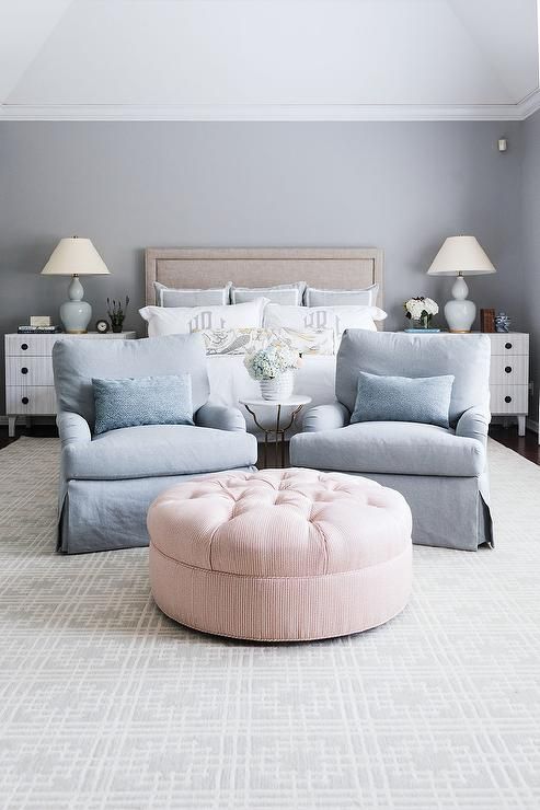 Blue Chairs At Pink Ottoman On Gray Geometric Rug – Transitional – Bedroom Regarding Geometric Gray Ottomans (View 8 of 15)