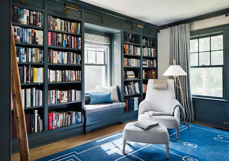 Blue Paneled Den With Dark Blue Built In Bookcases – Transitional –  Den/library/office With Navy Blue Bookcases (View 6 of 15)