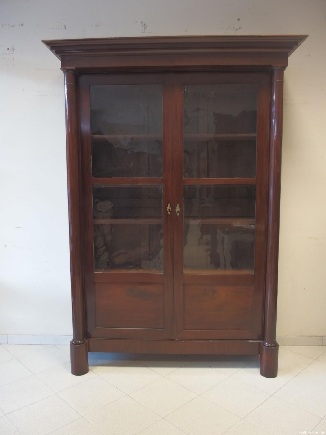 Bookcase With Two Doors In Mahogany With Full Columns Empire Style Early  800 Cm L148xp45xh228 – Glass Display Cabinets For Two Door Bookcases (View 2 of 15)