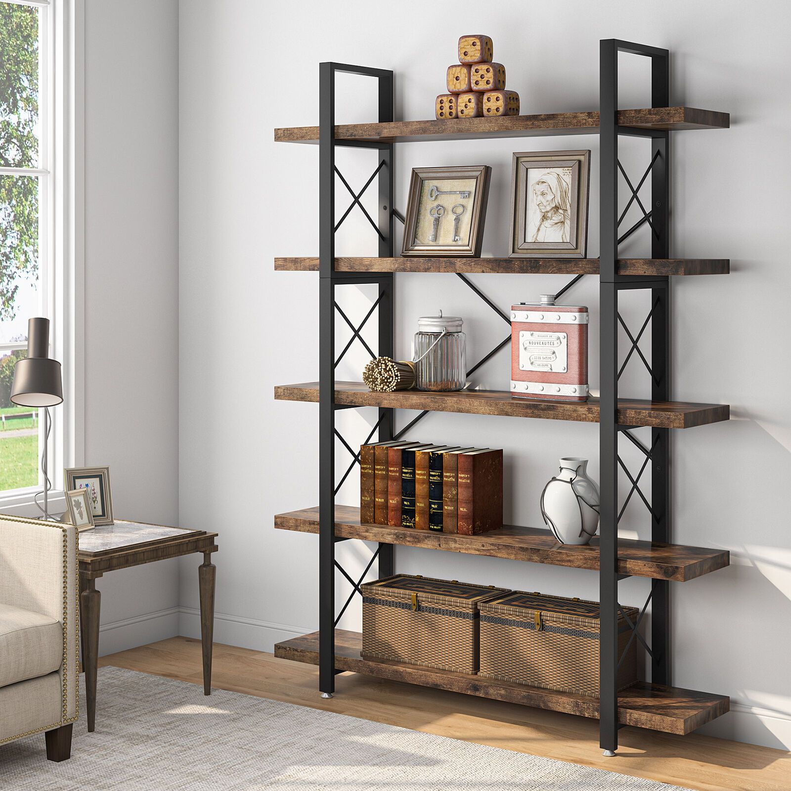 Brown Tall Bookshelf With Storage, Industrial Wooden Metal Bookcase For  Bedroom | Ebay With Regard To Brown Metal Bookcases (View 2 of 15)