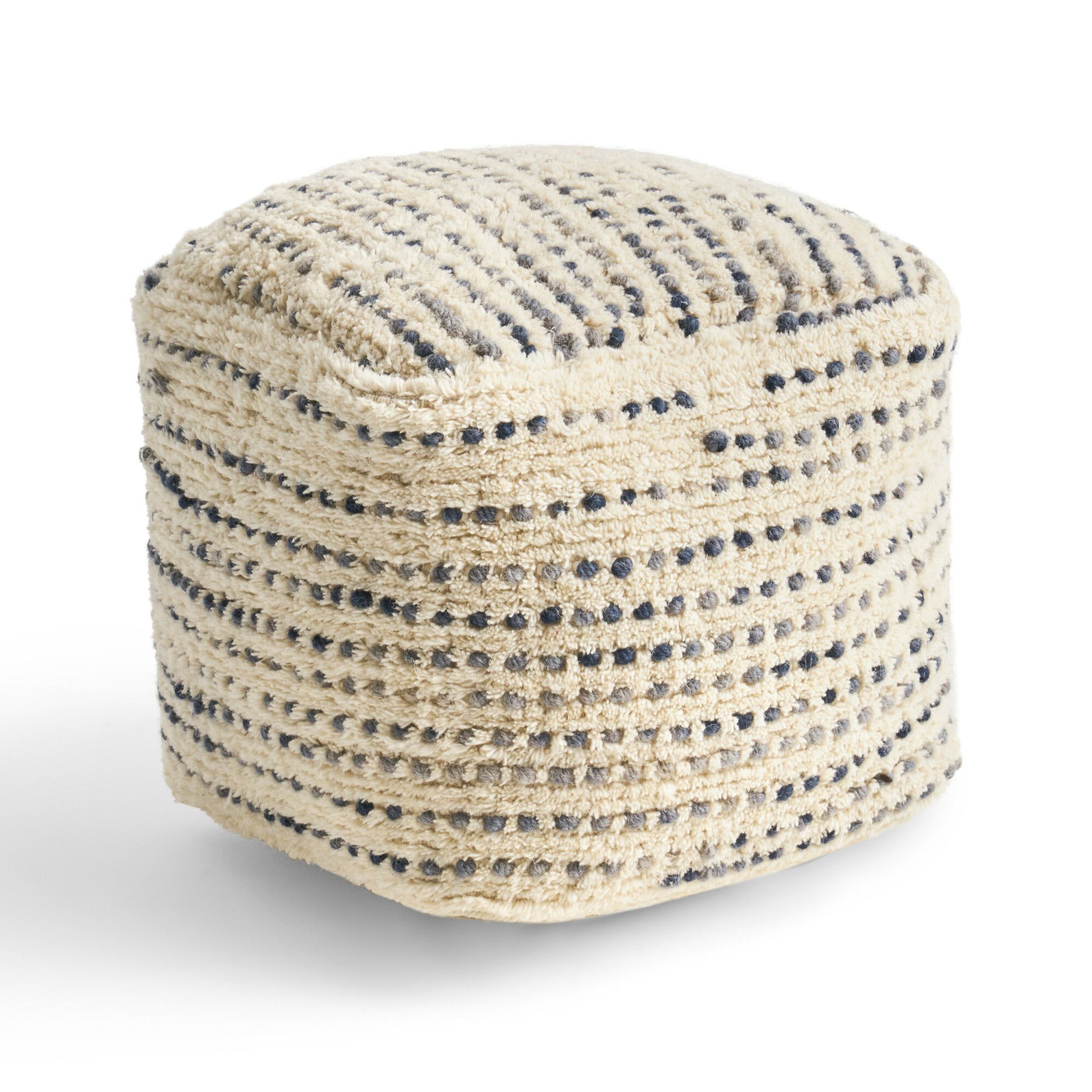 Calzona Boho Wool And Cotton Ottoman Pouf, Ivory And Blue In Ivory/blue Noble House With Ivory And Blue Ottomans (View 9 of 15)