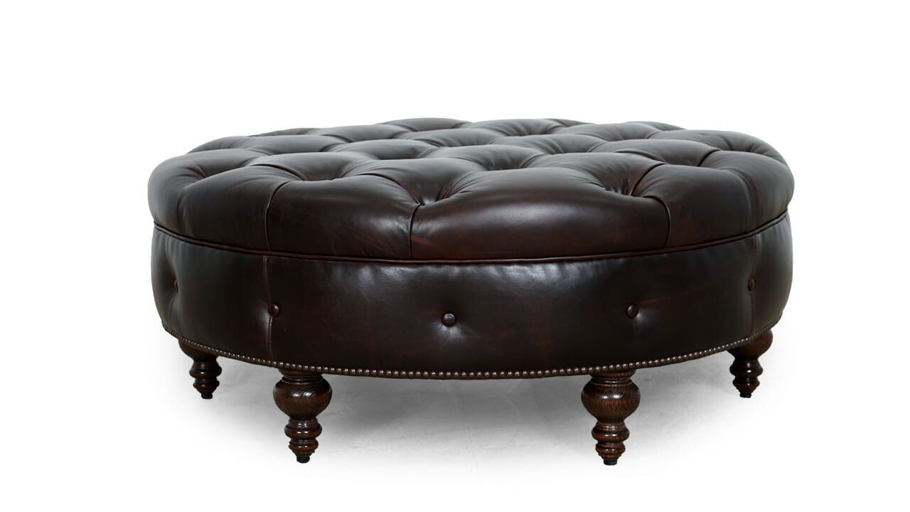 Chesterfield Custom Leather Circle Ottoman | Cococo Home In Bronze Round Ottomans (View 11 of 15)