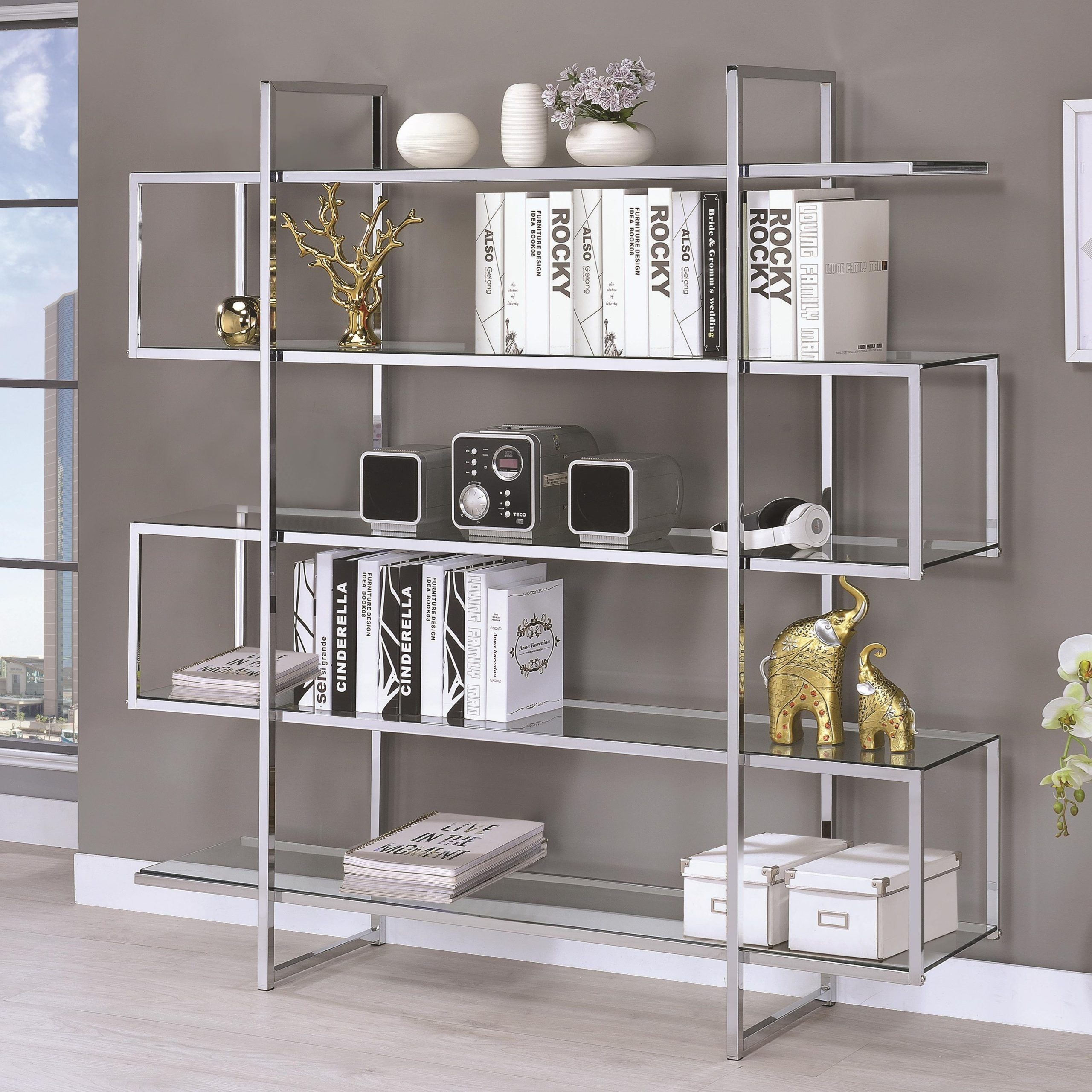 Chrome/clear Tempered Glass Bookcase – Las Vegas Furniture Store | Modern  Home Furniture | Cornerstone Furniture Within Bookcases With Tempered Glass (View 3 of 15)
