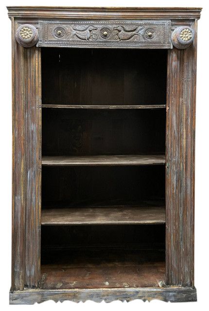 Consigned Rustic Blue Bookcase, Cowrie Shells Carved Wood Vintage Tall  Bookshelf – French Country – Bookcases  Mogul Interior | Houzz With Blue Wood Bookcases (View 14 of 15)