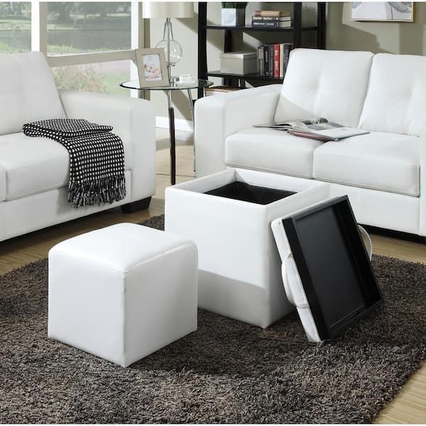 Convenience Concepts Designs4comfort Park Avenue White Faux Leather Storage  Ottoman With Stool And Reversible Tray R8 141 – The Home Depot With Ottomans With Stool And Reversible Tray (View 9 of 15)