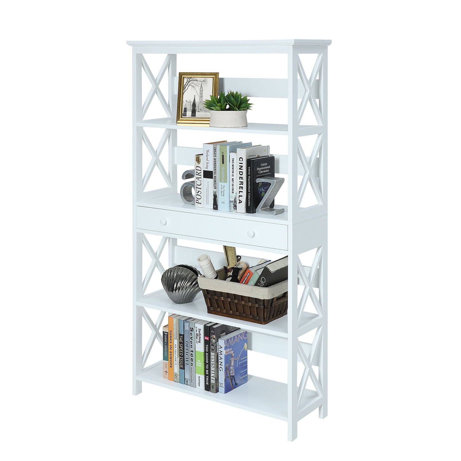 Convenience Concepts Oxford 5 Tier Bookcase With Drawer, White – Walmart Intended For 5 Tier Bookcases With Drawer (View 3 of 15)