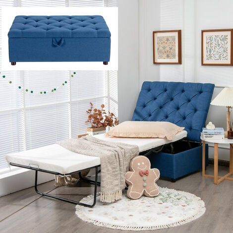Costway Folding Bed With Mattress, 2 In 1 Convertible Sofa Bed Ottoman,  Space Saving Button Tufted Couch Sleeper Guest Lounger Footstool For Living  Room, Bedroom And Office (blue) With Regard To Blue Folding Bed Ottomans (View 8 of 15)
