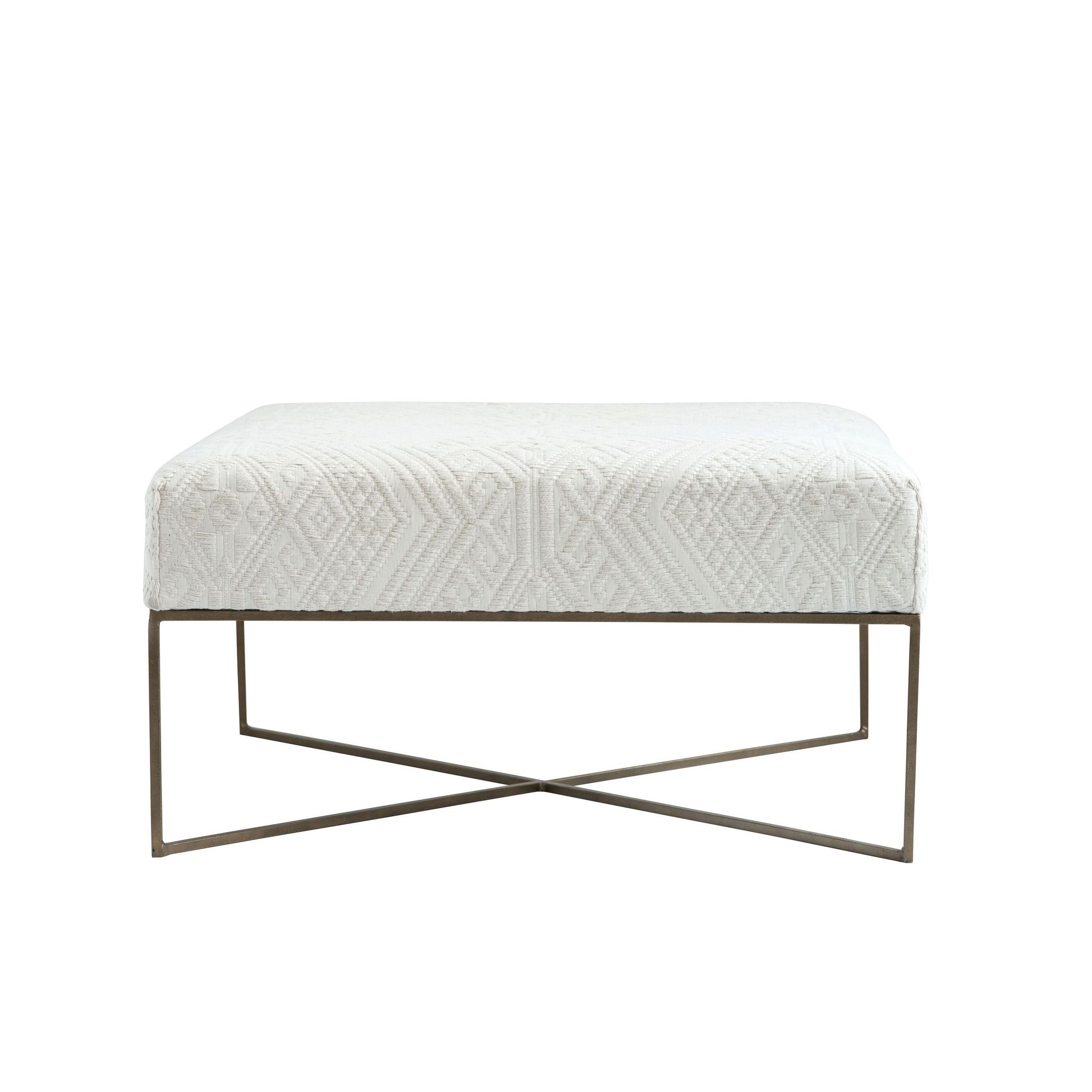 Cream Woven Damask Upholstered Ottoman With Antique Brass Metal Frame –  Overstock – 34824492 Inside Antique Brass Ottomans (View 6 of 15)