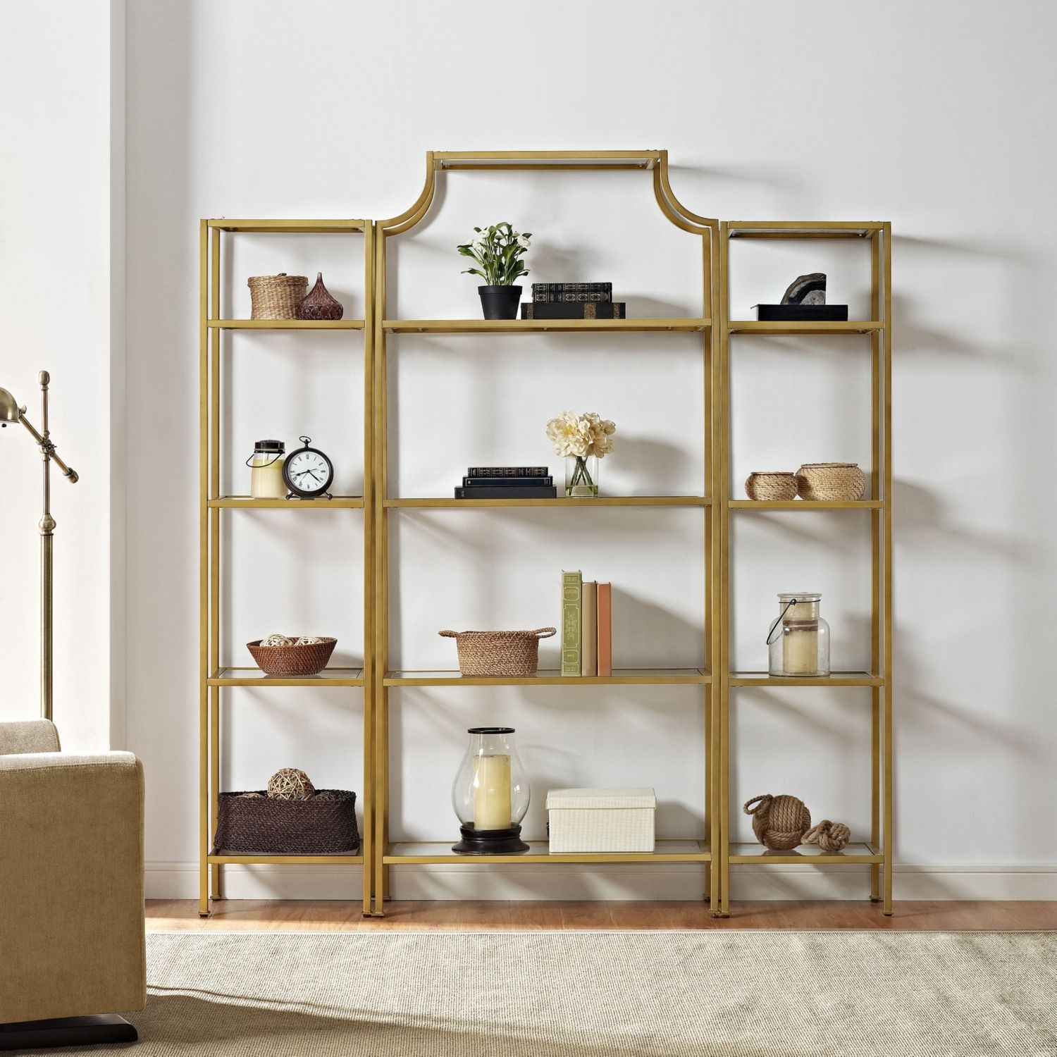 Crosley Kf65004gl Aimee 3 Piece Etagere Bookcase Set In Antique Gold Finish  & Tempered Glass Pertaining To Antique Gold Bookcases (View 13 of 15)