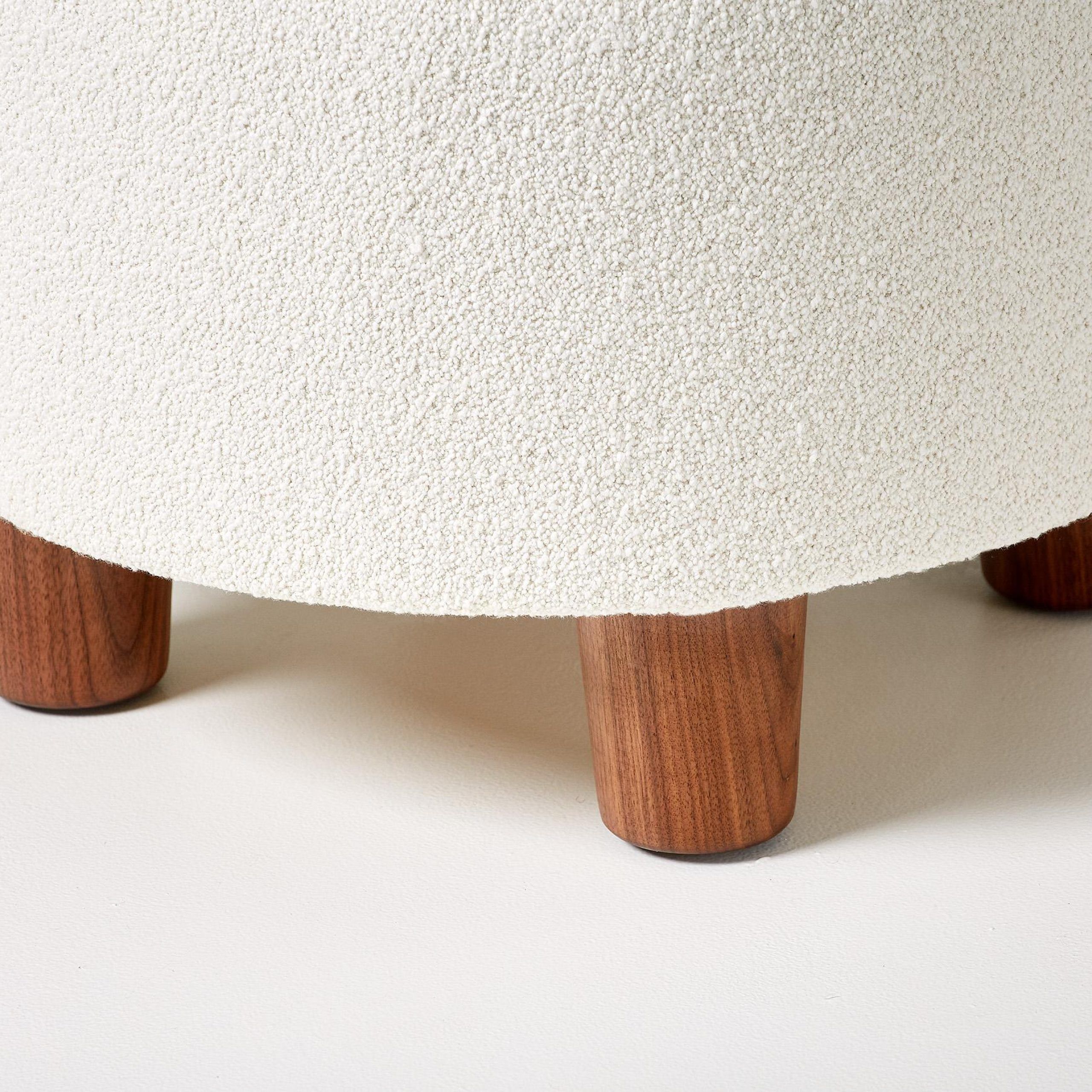 Custom Made Round Boucle Ottoman With Walnut Legs For Sale At 1stdibs Pertaining To Walnut Round Ottomans (View 14 of 15)