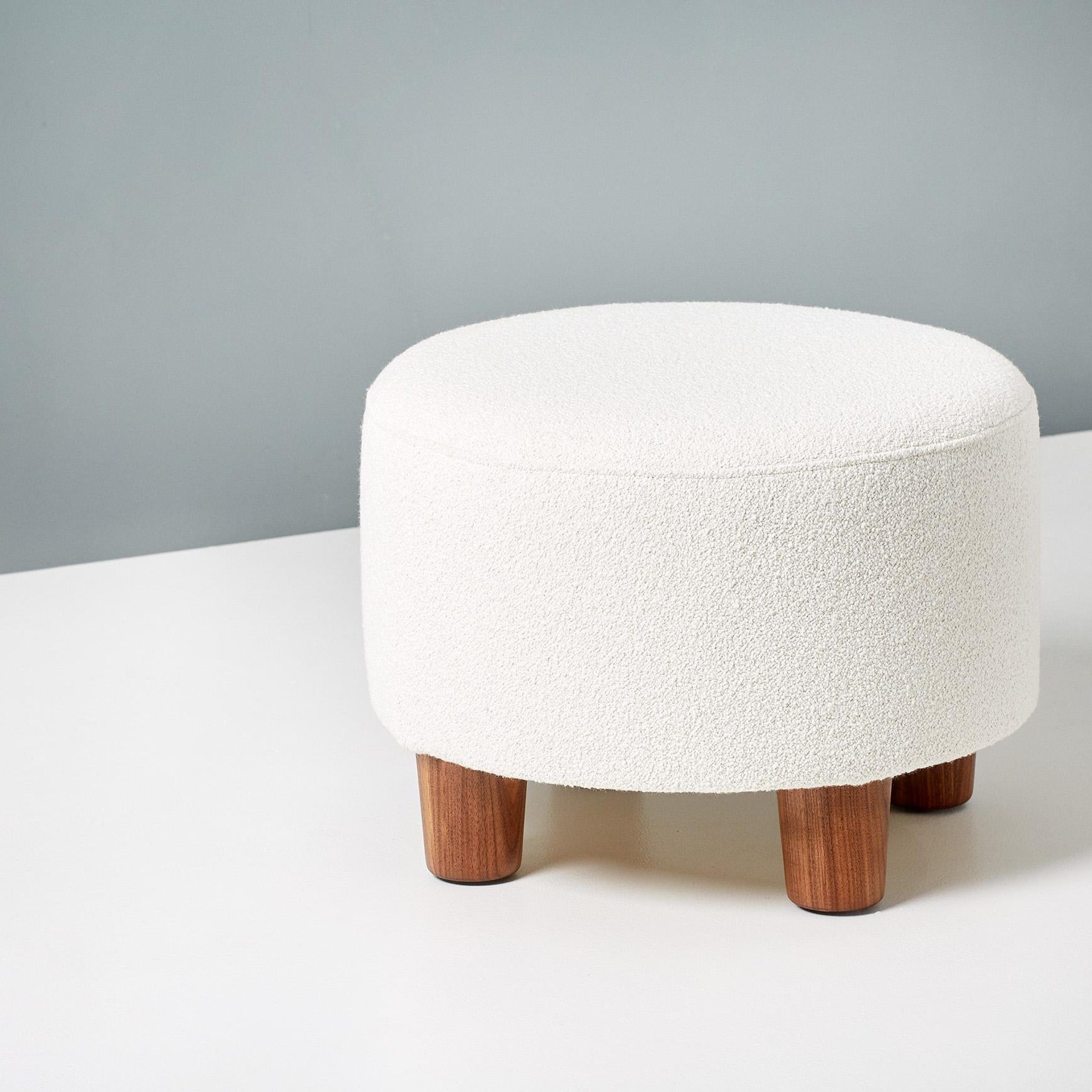 Custom Made Round Boucle Ottoman With Walnut Legs For Sale At 1stdibs With Walnut Round Ottomans (View 15 of 15)